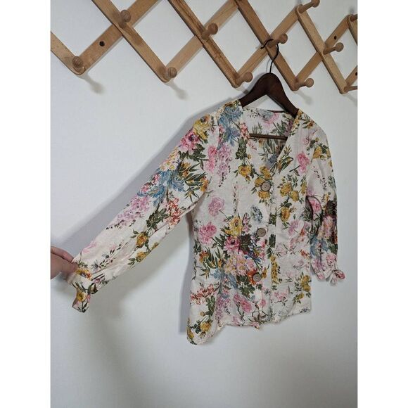Hester & Orchard Linen Blend Floral V-Neck Button Down Top - Size S - Picture 2 of 6